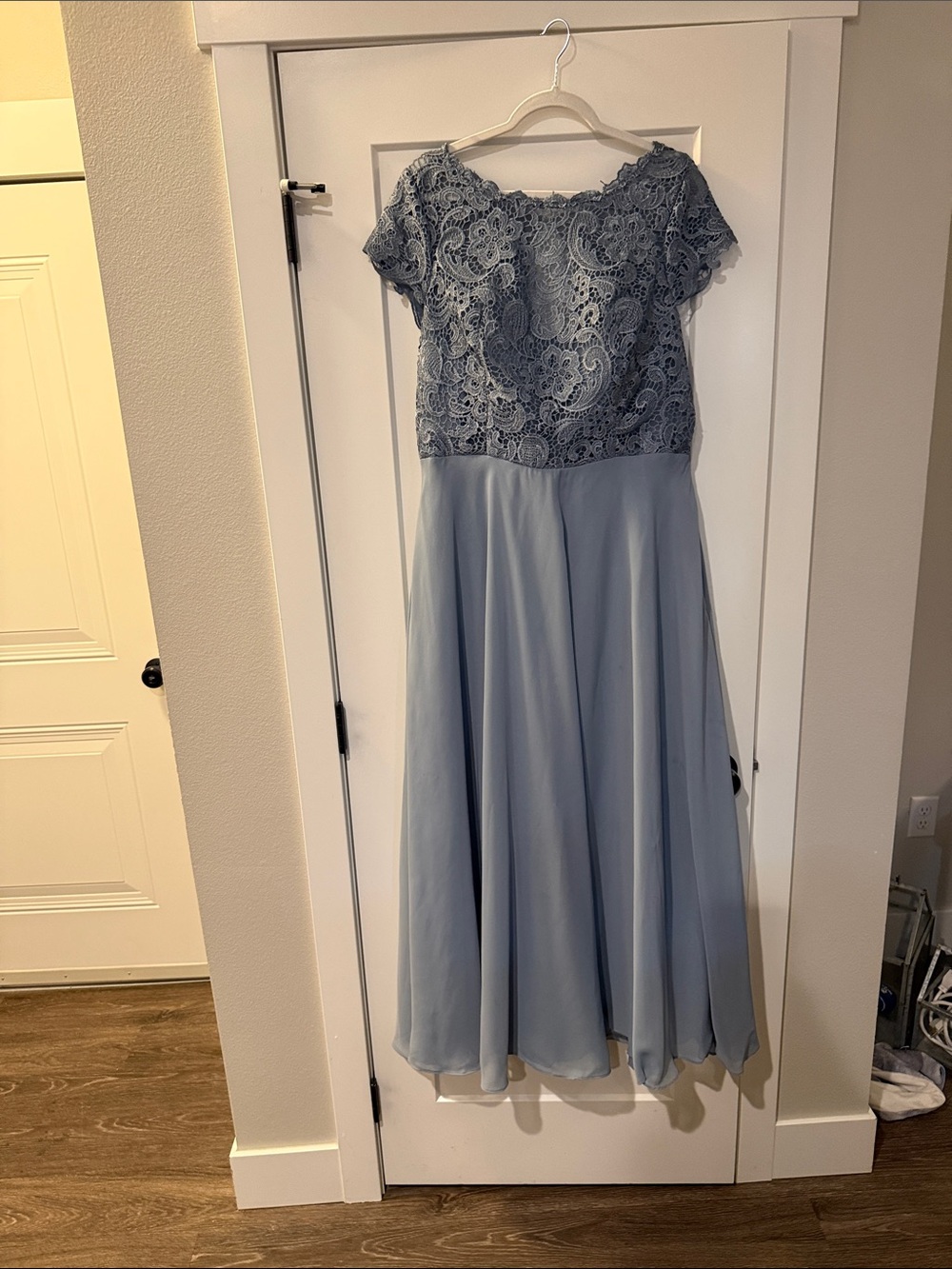 Dusty Blue Lace Bodice Chiffon Maxi Dress